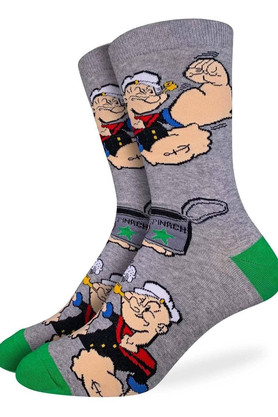 Gray socks with cartoon character design on a white background