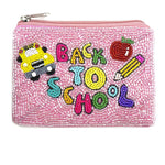 Pink pouch with 'Back to School' text and graphics on a white background