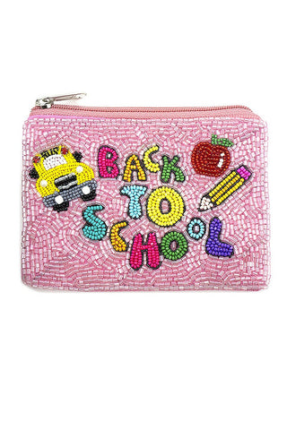 Pink pouch with 'Back to School' text and graphics on a white background