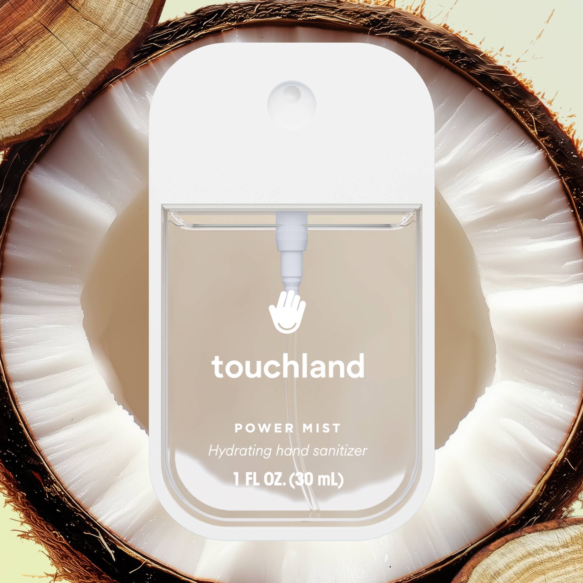 Touchland power mist hand sanitizer packaging inside a coconut shell