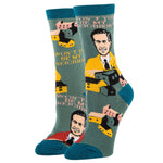 Pair of socks with cartoon character and text 'Won't You Be My Neighbor?' on a white background