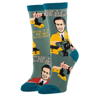 Pair of socks with cartoon character and text 'Won't You Be My Neighbor?' on a white background