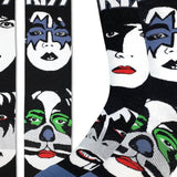 KISS-themed socks with face designs on a white background