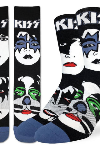 KISS-themed socks with face designs on a white background