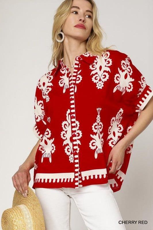 ABSTRACT PRINT TOP in CHERRY RED