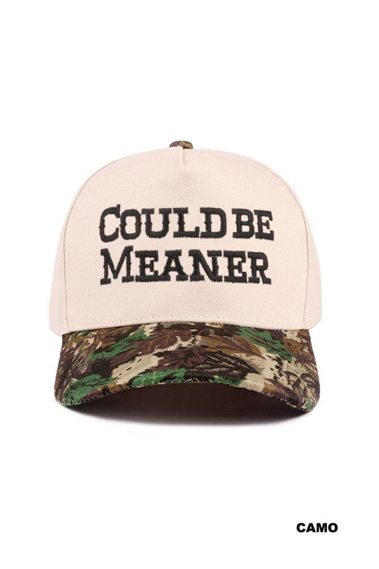 Cap with 'CCould Be Meaner' text on a white background