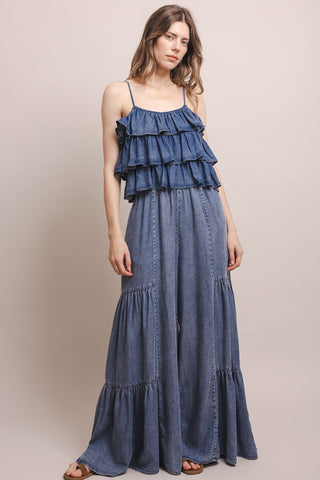 SPAGHETTI STRAP RUFFLE TOP DENIM JUMPSUIT