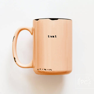 Copper mug with 'twat' printed on a white background