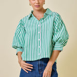 striped green shirt with button down and puff sleeve