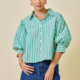 striped green shirt with button down and puff sleeve