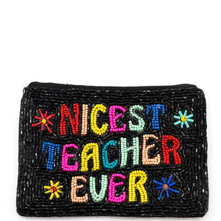 Black beaded pouch with colorful text 'Nicest Teacher Ever' on a white background