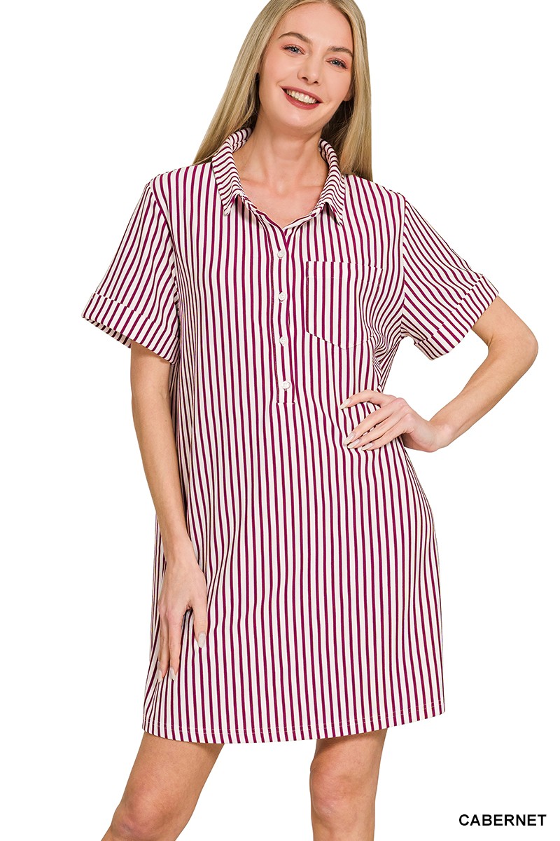 Woman wearing a red and white striped shirt dress on a white background