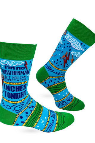 Colorful socks with weather-themed design on a white background