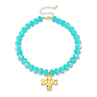 Flat Disc Bead Cross Pendant Necklace Adjustable Choker: Colorful / M