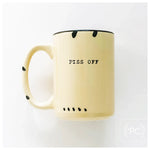 Beige mug with 'PISS OFF' text on a white background