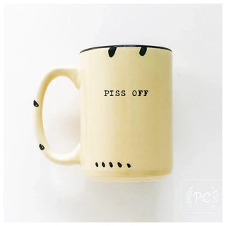 Beige mug with 'PISS OFF' text on a white background
