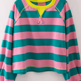 NT12828-Casual Stripe Cropped Top: PINK/SEAFOAM / S-M-L/2-2-2
