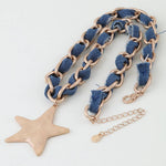 Necklace with blue fabric chain and star pendant on a white background