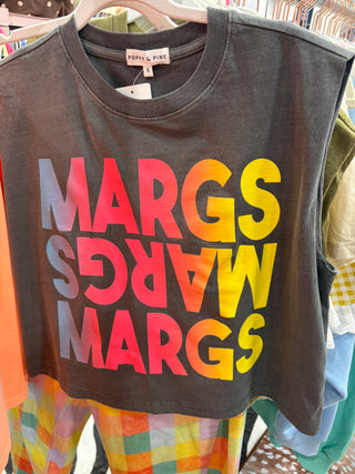 Black tank top with colorful 'MARGS' text on a clothing rack.