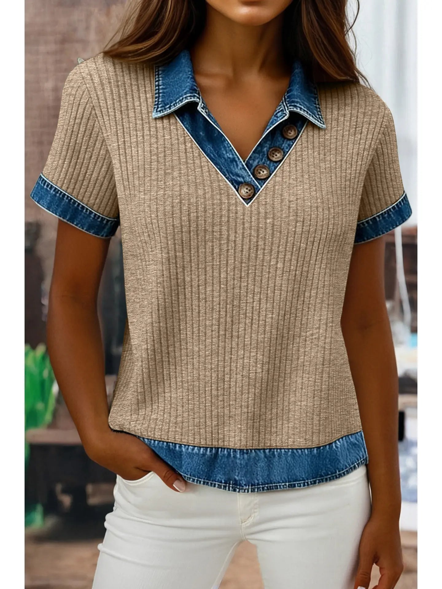 tan sweater and denim top 