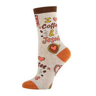 Sock with 'I Love Coffee & Jesus' text and coffee bean designs on a beige background