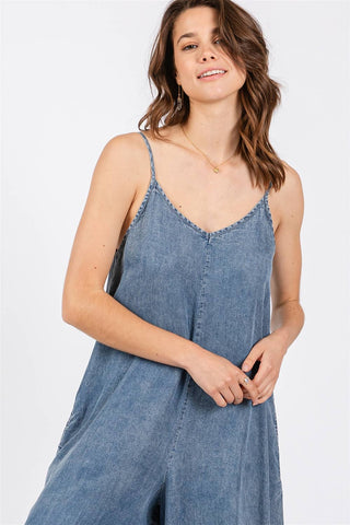DENIM SLOUCHY FITTED JUMPSUIT - VJ3103A: MED WASH / S