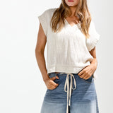 Linny Stripe V-Neck Top in Oatmeal
