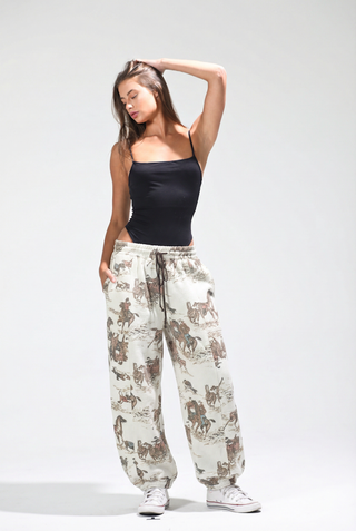 NB80007-5 Horse Print Elastic Waist Cuffed Sweatpants: CREAM COMBO / M