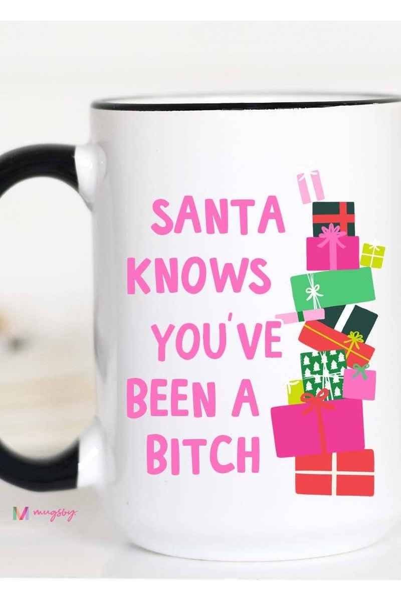 Santa Knows Funny Christmas Mug, Ceramic Mug, Christmas: All White / 15oz