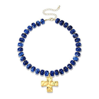 Flat Disc Bead Cross Pendant Necklace Adjustable Choker: Colorful / M