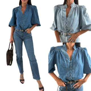 Vintage Lantern Sleeve V-Neck Denim Shirt Woman Blouse: DARK BLUE / S