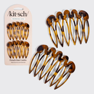 Two sets of Akit-sch French Hair Combs in a translucent amber-brown tortoiseshell pattern, shown with the retail packaging on a light gray background.