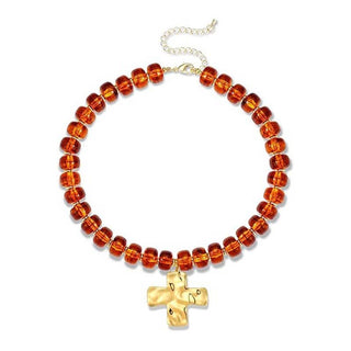 Flat Disc Bead Cross Pendant Necklace Adjustable Choker: Colorful / M