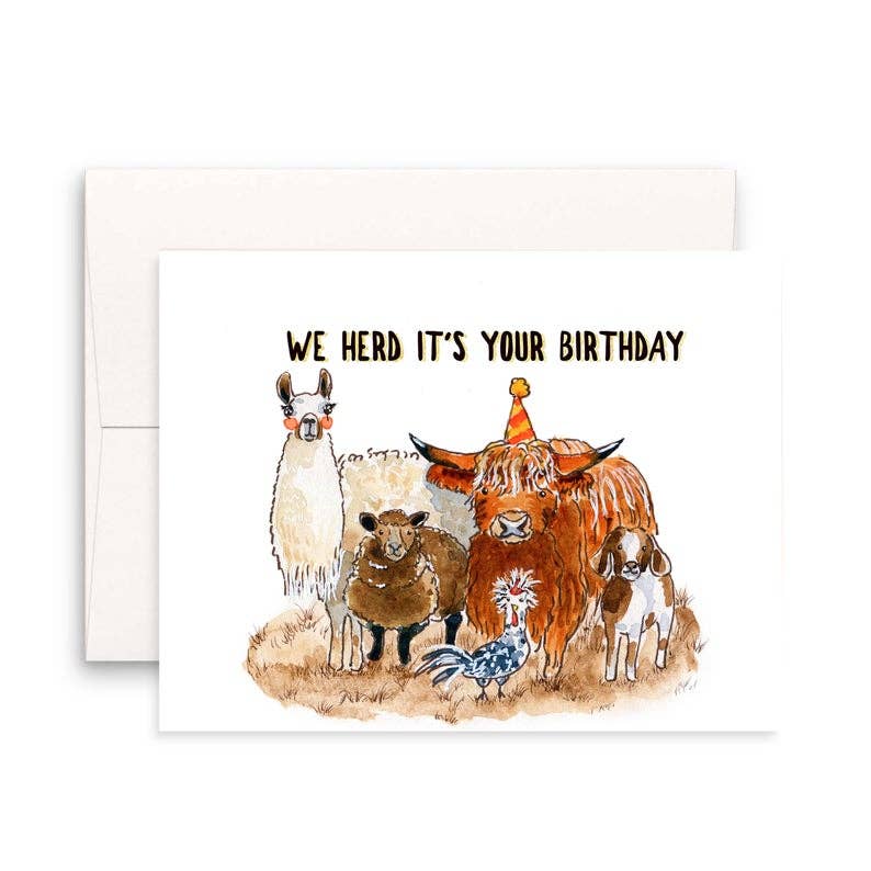 Birthday card with animals and text 'We herd it's your birthday' on a white background