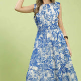Blue toile dress elastic waist