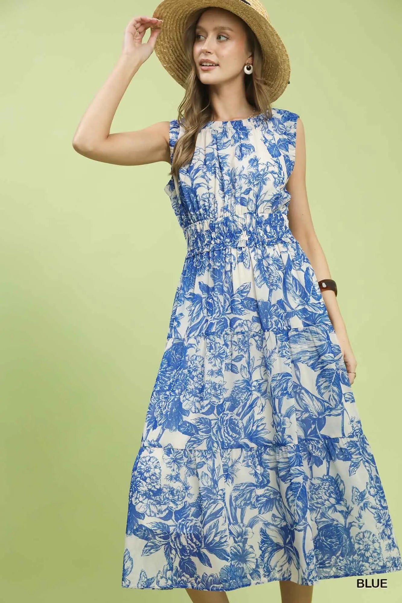 Blue toile dress elastic waist