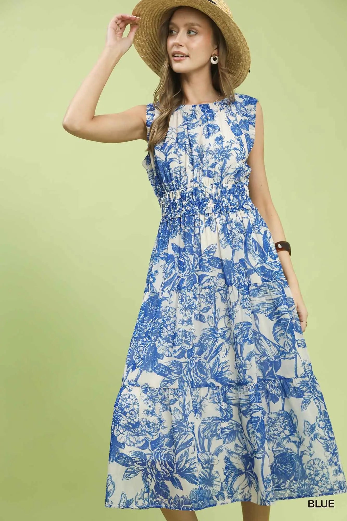 Blue toile dress elastic waist