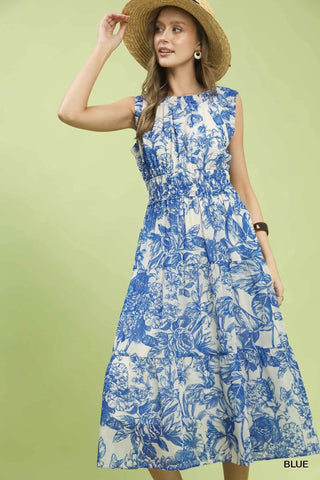 Blue toile dress elastic waist