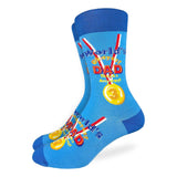 Blue sock with colorful text and graphics on a white background