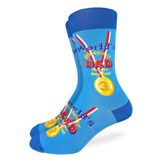 Blue sock with colorful text and graphics on a white background