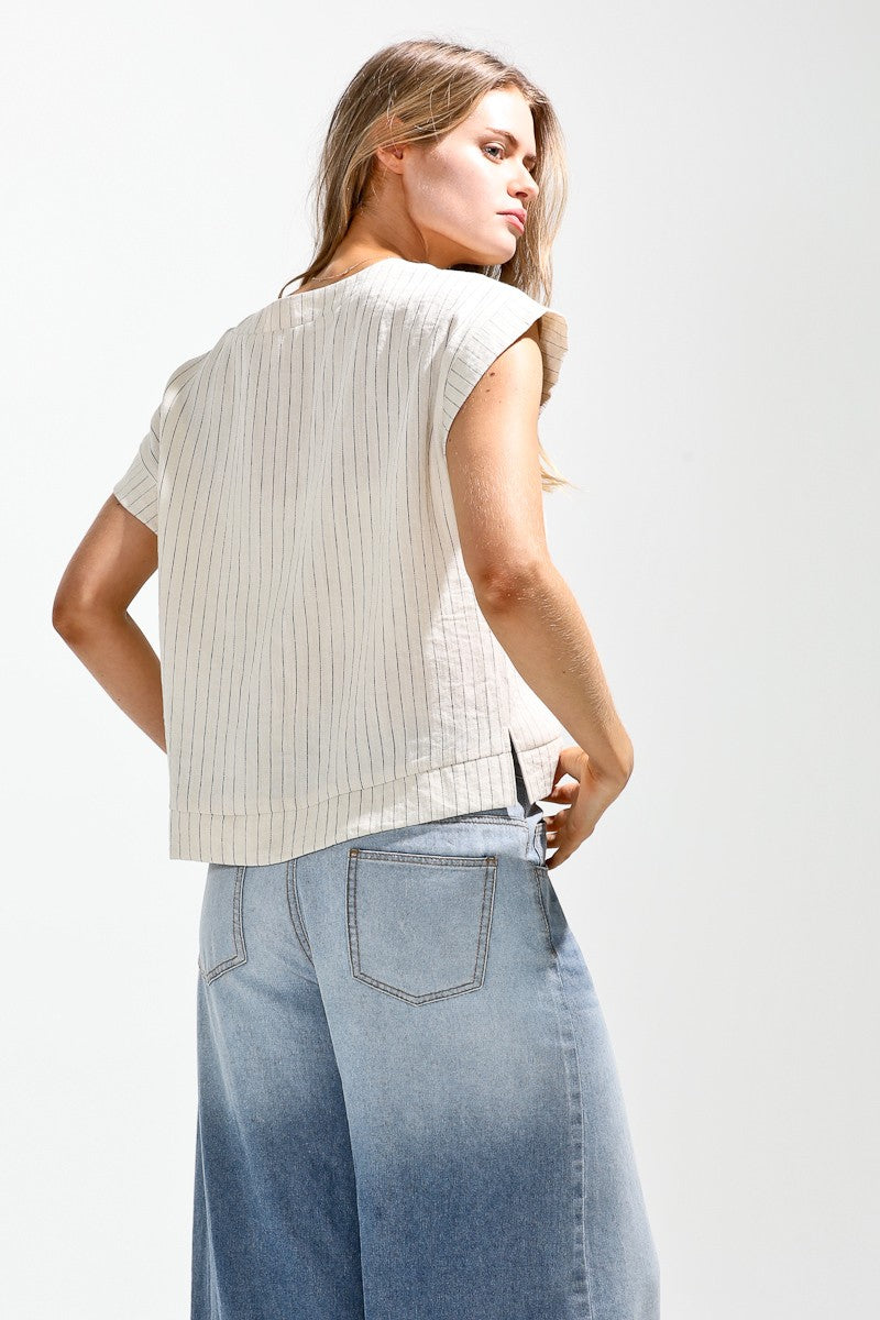 Linny Stripe V-Neck Top in Oatmeal