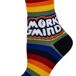Colorful striped sock with 'Mork & Mindy' text on a white background