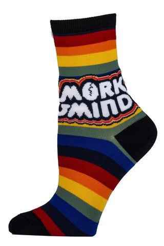 Colorful striped sock with 'Mork & Mindy' text on a white background
