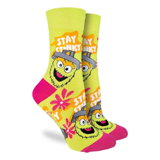 Colorful socks with cartoon character design and 'Stay Stankey' text on a white background