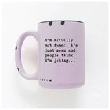 Purple mug with humorous text on a white background