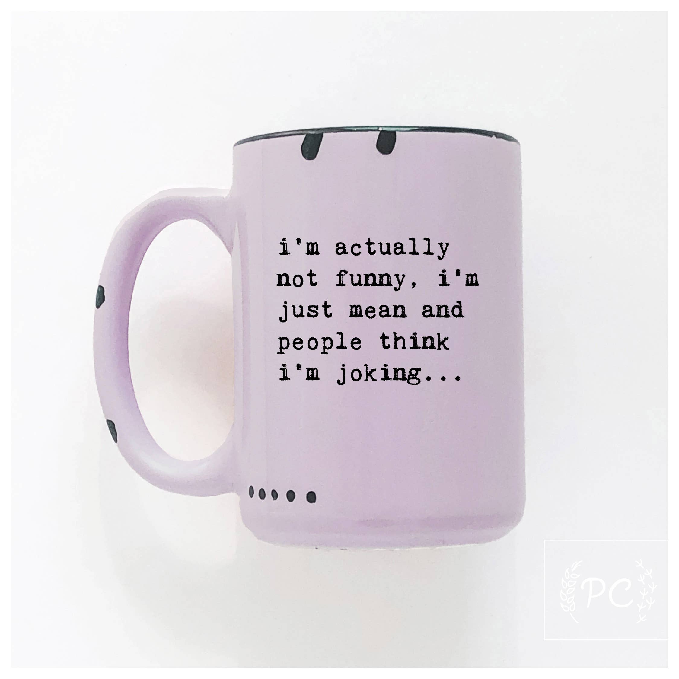 Purple mug with humorous text on a white background