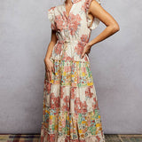 V-Neck Sleeveless Ruffle Floral Printed Maxi Dress: PEACH FLORAL / L