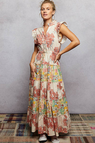 V-Neck Sleeveless Ruffle Floral Printed Maxi Dress: PEACH FLORAL / L