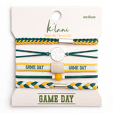 Set of green, yellow, and white braided hair ties/bracelets with 'Game Day' text on a white background.