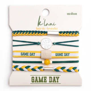 Set of green, yellow, and white braided hair ties/bracelets with 'Game Day' text on a white background.